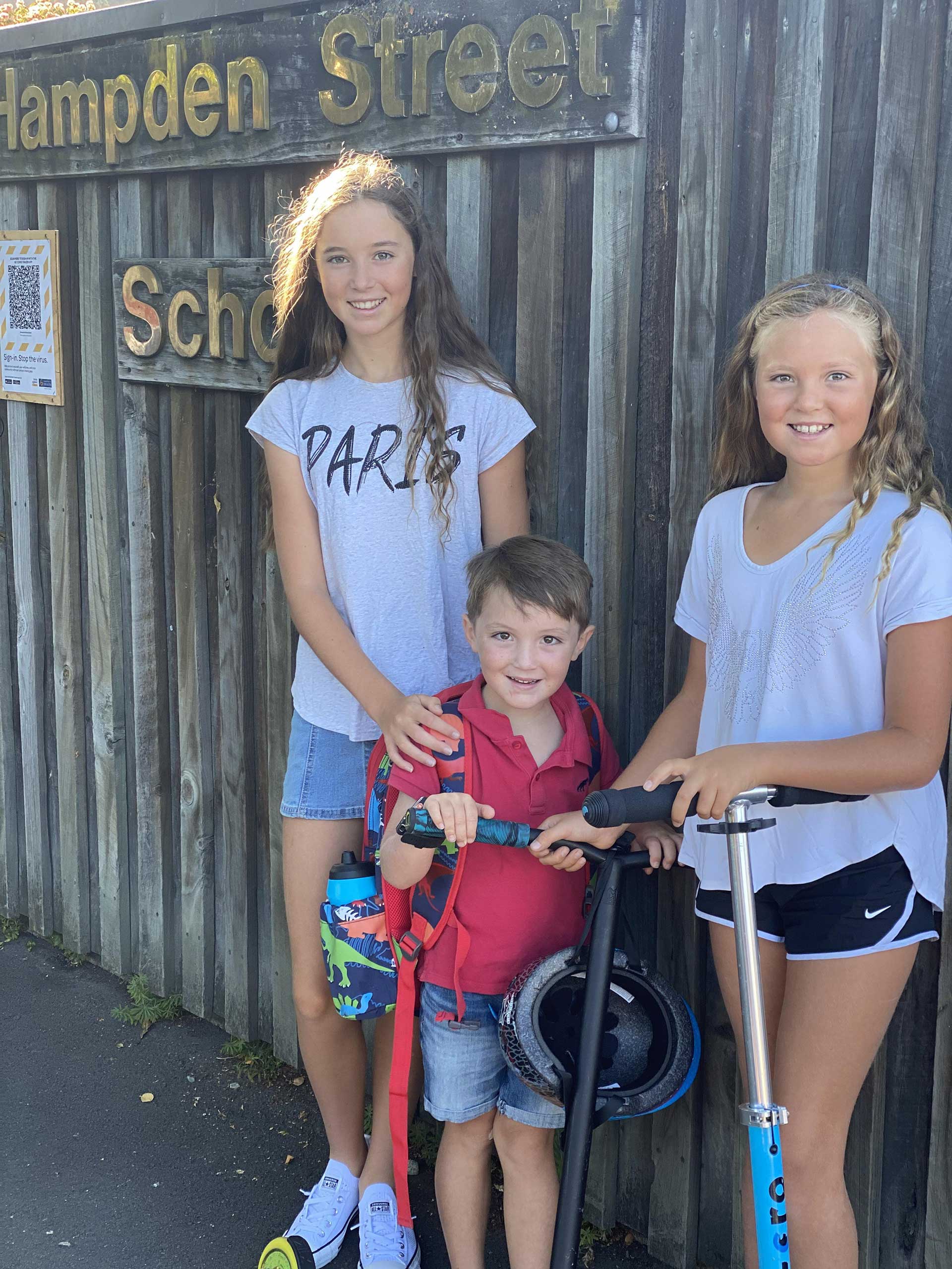 Sophia, Alex and Maia at school Sophia, Alex and Maia outside the Hampden Street School gates in 2021
