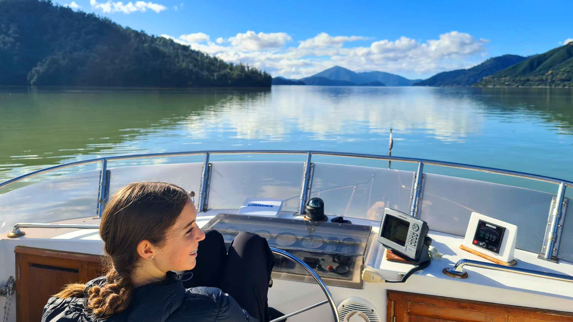 Sophia driving the boat driving the boat